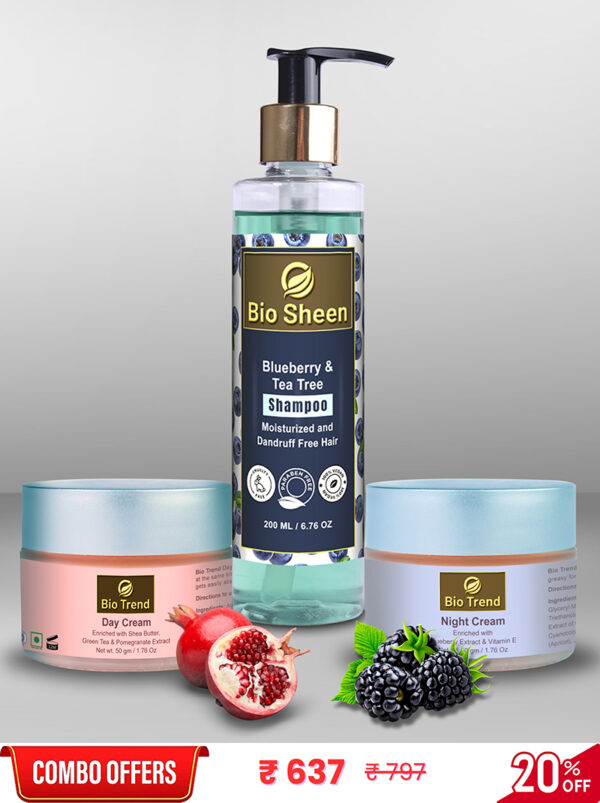 Special Combo Offer : 07 <br>Shampoo (Blue Berry & Tea Tree)<br>+<br> Day Cream (Shea Butter, Green tea, Pomegranate Extract)<br>+<br> Night Cream (Blue Berry Extract & Vitamin E)